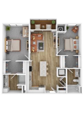 Floor plan for 2 beds, 2 baths, 1001 sqft